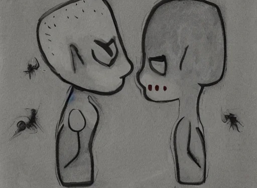 two grey aliens kissing